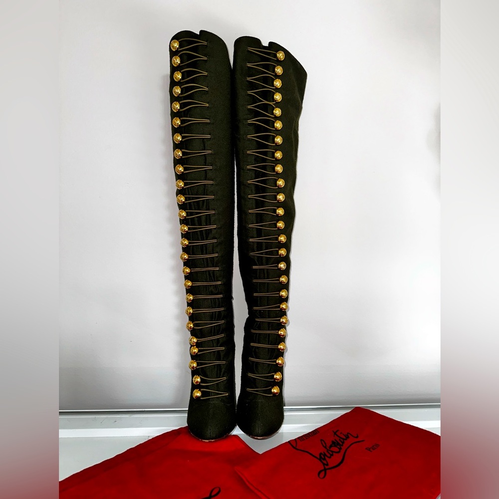 As seen on Khloe Kardashian! Thigh high army green/gold buckle Louboutin boots